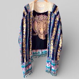 Boho Rock Curated Top Set Kimono + Distressed Def Leppard Tee Fits S M L